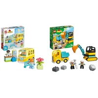 LEGO DUPLO Die Busfahrt Set, Bus-Spielzeug zum Aufbau sozialer Fähigkeiten & DUPLO Bagger und Laster Spielzeug mit Baufahrzeug