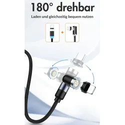 MonkeyTEC 3 in 1 Magnetisches Ladekabel mit Schnellladefunktion und Datenübertragung 540° drehbar für iPhone/Micro-USB/USB-C