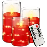 BAIFULAI Rote Led Kerzen mit Timerfunktion, 3 Stück Rote flammenlose Kerze mit Fernbedienung, Batteriebetriebenes Kerzenblinken mit Eingebetteter Sternenlichtschnur, LED-Kerzen zum Weihnachtsdeko