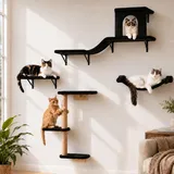 Kletterwand Katzen Set, 4-in-1 Katzen Kletterwand Set, Stabiler Katzenmöbel mit Hängematte, Katzenhaus, Katzenbrücke, Sisal Kratzsäulen, Katzentreppe bis zu 13.6 kg