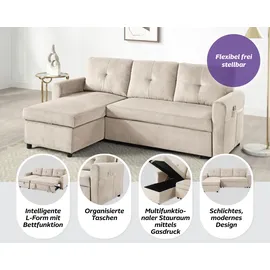 Atlantic Home Collection Schlafsofa "Gustavo L-Form, B: 199 cm", beige (creme, weiß), B:199cm H:82cm T:127cm, 100% PES, ATLANTIC HOME COLLECTION, Sofas, Schlafsofa, mit Bettfunktion, Bettkasten & seitlichen Taschen