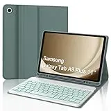 Tastatur für Samsung Galaxy Tab A9 Plus 11", Hülle mit Tastatur für Samsung Tab A9+ 2023, Bluetooth Magnetisch 7-Farbige Beleuchtung QWERTZ Layout Tastatur Galaxy A9 Plus Tab 11 Zoll, Dunkelgrün