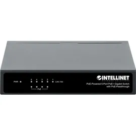 Intellinet Network Solutions INTELLINET 5-Port Switch Power over Ethernet - Gigabit PoE+ Injektor 240V, Passthrough, PoE+ Adapter mit 200m Reichweite, lüfterfrei & leise - Schwarz