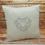 heimtexland Tischdecke Landhaus Tischdeko Serie Karo Leinen bestickt (Stück 1-tlg, 1), Kissenhülle 40x40 I Chalet Dekokissen I Herz Applikation beige Kissenhülle | 40 cm x 40 cm