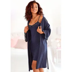 Kimono LASCANA, Damen, Gr. 32/34, blau (nachtblau), Viskose, unifarben, Kurzform, Hausmäntel, mit Spitzeneinsätzen