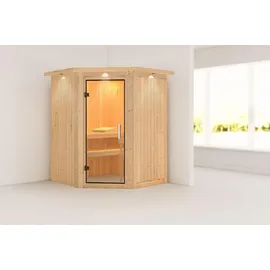 Karibu Sauna Larin mit Eckeinstieg 68 mm - Ohne Ofen-Inkl. Dachkranz-Klarglas Ganzglastür