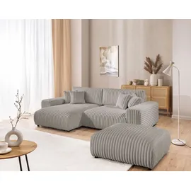 s-style möbel Mollis - Ecksofa mit Schlaffunktion und Bettkasten aus Hellgrau Plüschcord mit schöner Sitzkomfort