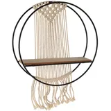 Makramee Hängeregal rund Ø 32cm - Boho Wandregal mit Holzablage & Metallrahmen - Deko & Aufbewahrung für Küche Bad Flur Schlafzimmer - Schwarz Natur Beige