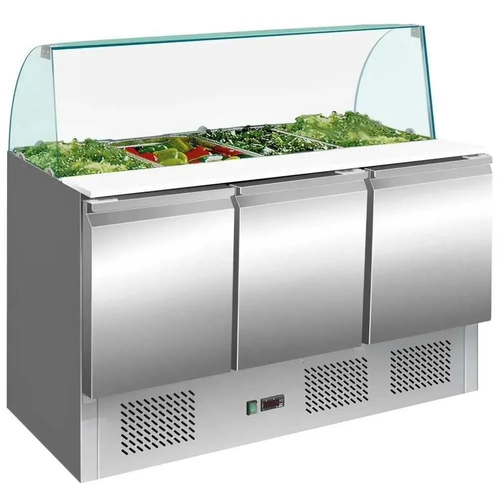Gekühlter Zutaten-Tisch Edelstahl 3 Türen 260L 1365x700mm. Kühltisch für Bar, Restaurant & Gastronomie.