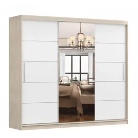 imoebel24 Schwebetürenschrank, Sonoma Eiche, Weiß, Holzwerkstoff, 9 Fächer, Rechteckig, 250x218x61 cm Schlafzimmer, Kleiderschränke, Schwebetürenschränke