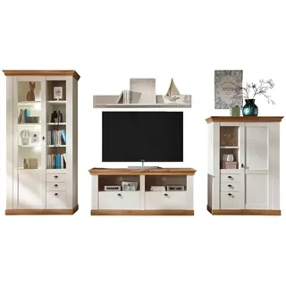 furn.design Wohnwand weiß Pinie und Eiche Wotan Landhaus Schrankwand 4-teilig 376 x 204 cm, Wohnzimmer, Wohnwände, Anbauwände