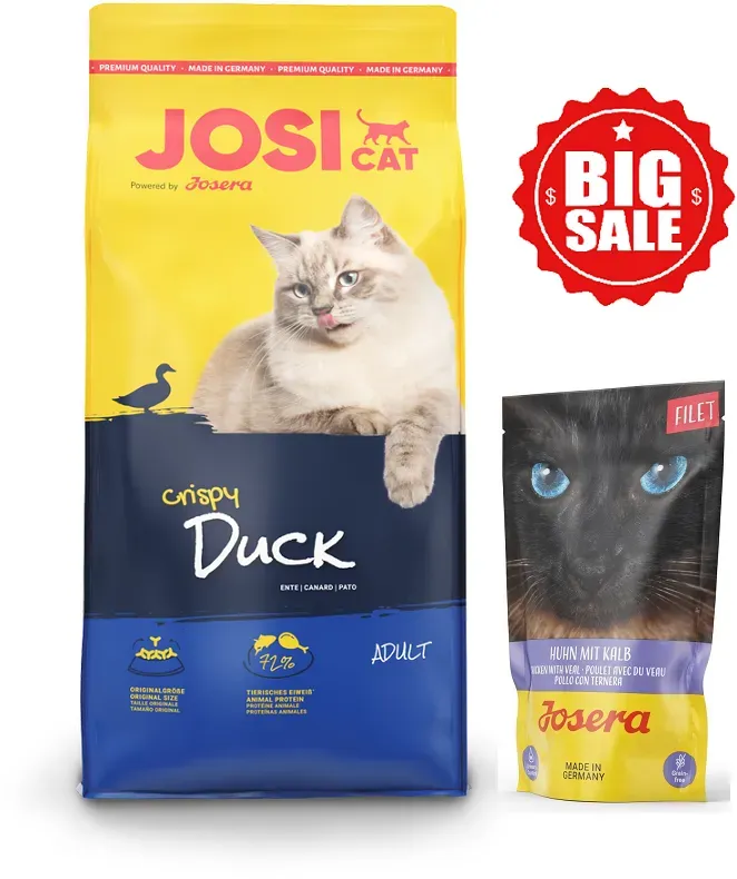 JOSERA JosiCat Crispy Duck 18kg + Josera Filet Huhn mit Kalbfleisch 70g (Mit Rabatt-Code JOSERA-5 erhalten Sie 5% Rabatt!)
