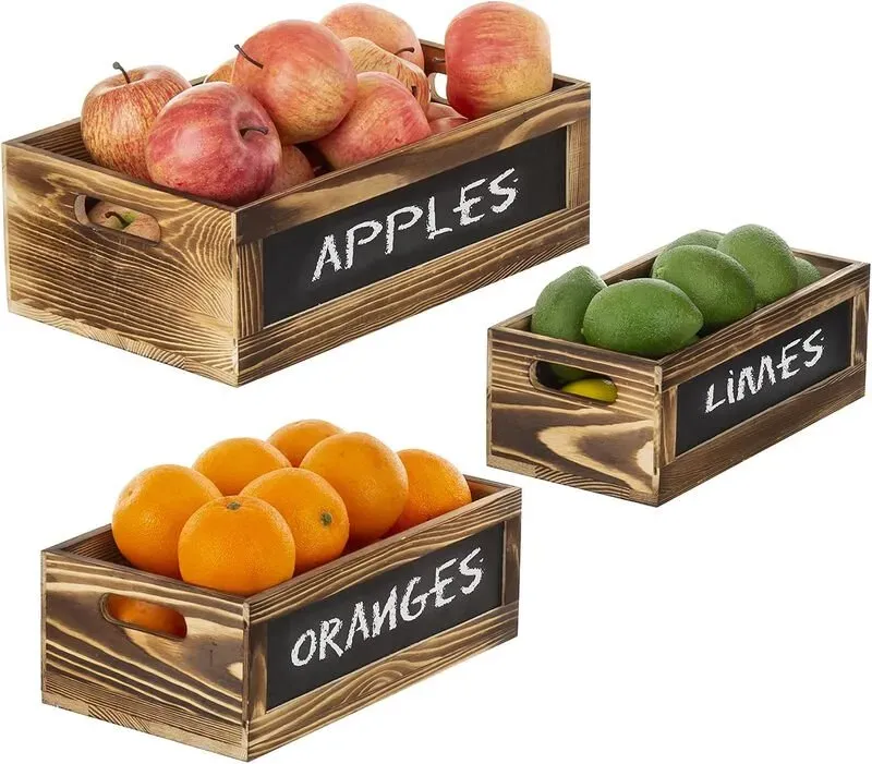MyGift Rustikales Shou Sugi Ban Aufbewahrungskorb-Set, 3-teilig - mit Tafelschildern und Grifföffnungen, stapelbarer offener Organizer für Landhausdekor