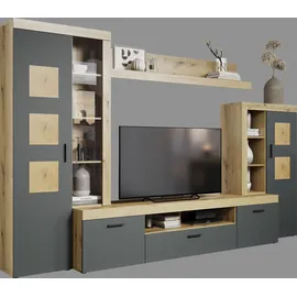 Home Affaire Wohnwand HOME AFFAIRE "Ghent", anthrazit mit eiche, B:331cm H:206cm T:52cm, Glas, Holzwerkstoff, Kunststoff, Kastenmöbel-Sets, Wohnwand, Mit Hirnholzapplikationen - Aufgebaut (B/T/H): 331/52/206 cm