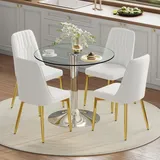 MODFU Esszimmerstuhl Set,4er-Set Weiß Küchenstuhl und Transparenter Glastisch,Esstisch 85 cm mit silbernen Metallbasis,Esszimmerstuhl mit 4 golde... - Weiß