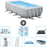 Intex Pool mit rechteckigem Prismenrahmen – 488 x 244 x 107 cm – Grau – inklusive Pumpe – Leiter – Bodenplane – Abdeckung Wartungspaket...