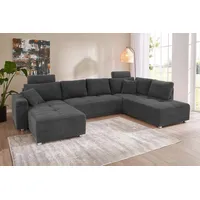 Wohnlandschaft JOCKENHÖFER GRUPPE "Orlando U-Form" Sofas Gr. B/H/T: 337cm x 69cm x 180cm, Cord, Ottomane beidseitig montierbar, mit Bettfunktion mit Bettkasten, grau mit Federkern, Bettfunktion und Bettkasten, inklusive 2 Kopfstützen Bestseller