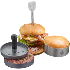 GEFU Burger-Set BBQ, 3-teilig: Burgerpresse, Burger-Ring, Burger-Spieß, Patty Maker, Burger Bun, Servierring, Barbecue