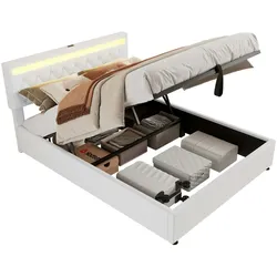 Merax 160*200 cm Doppelbett, Polsterbett, mit Umgebungslicht, USB- und Typ-C-Steckdose, Bett kann angehoben und abgesenkt werden, weiß