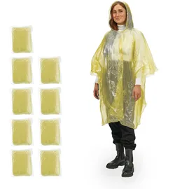 Relaxdays Regenponcho 10er Set, Einmal Regencape mit Kapuze, für Erwachsene, Notfallponcho Damen & Herren, gelb