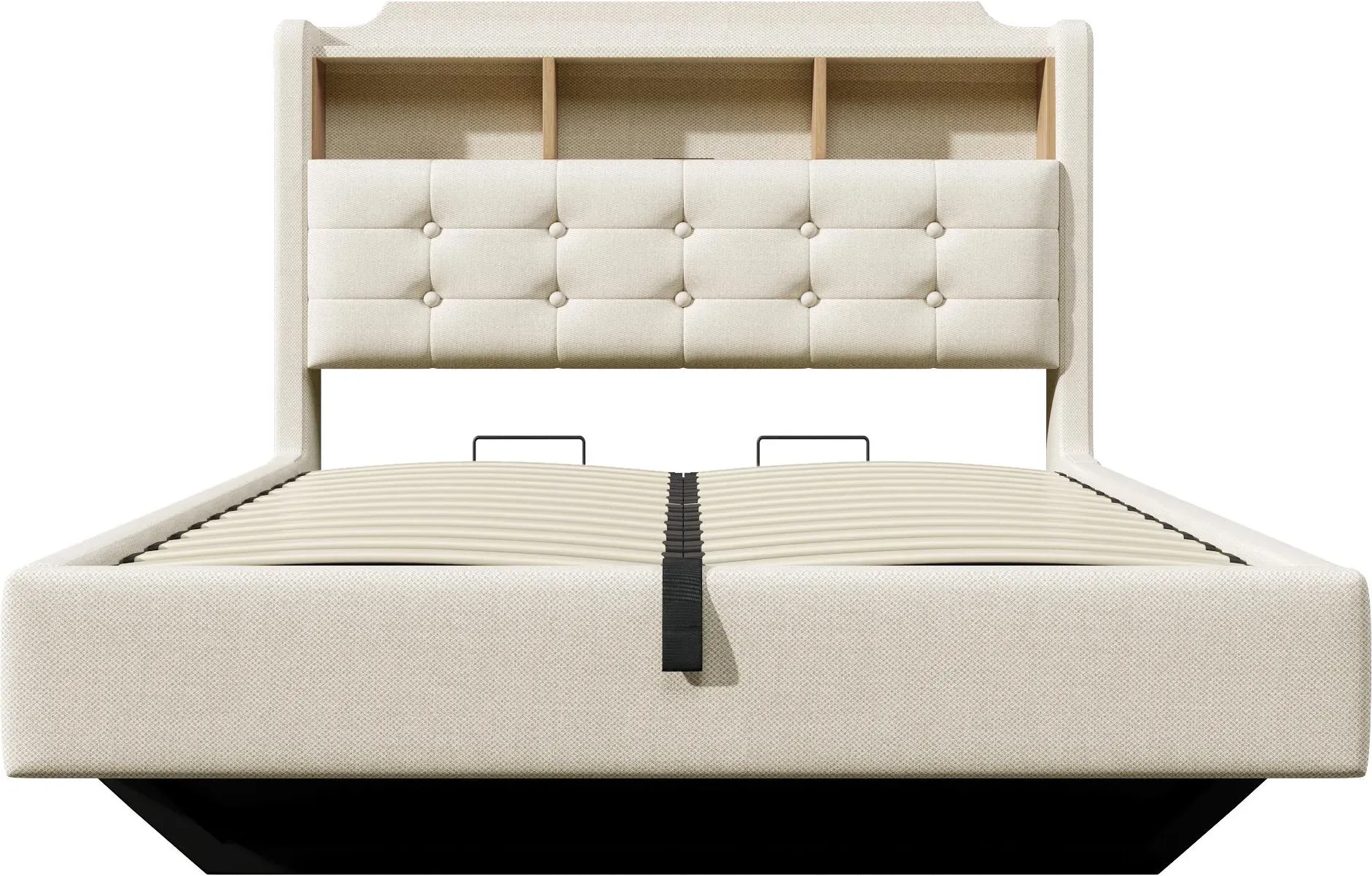 Polsterbett 140 × 200 cm, LED-Lichtleiste, schwebendes Design, ohne Matratze, 217x141x110 cm, Beige