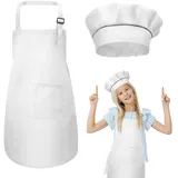 kissral Kinder Schürze und Kochmütze Set, Verstellbare Kinder Kochschürze Kinderschürze zum Bemalen Schürze Küchenschürze Bastelschürzen mit Taschen zum Kochen Backen Malen 4-12 Jahre alt L (Weiß) - M