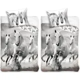 Carbotex Bettwäsche Weiße Pferde - Partner-Bettwäsche-Set, 135x200 & 80x80, Baumwolle, 100% Baumwolle grau