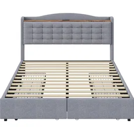 Flieks Polsterbett 160x200cm mit USB, Doppelbett Stauraumbett mit 4 Schubladen, Jugendbett mit Lattenrost, Funktionsbett Holzbett, Leinen, Hellgrau - Grau