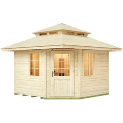 Saunahaus WEKA "Kurikka", beige (natur), Saunaofen, externe Steuerung, 9 kW, Saunen, mit Blockbohlen und Massivholz-Zeltdach