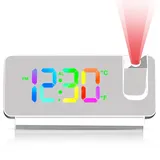 BYZESTY Wecker Digital mit Projektion, Projektionswecker 180 °, Digitaler Wecker mit Temperatur, Datum, 12/24HR, USB Aufladbarer, Projektionsuhr für Schlafzimmer (weiß)