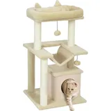 PawHut Katzenbaum 90 cm Kratzbaum mit Hängematte Spielbaum Katzenhöhle Plattformen Kletterbaum Katzenkratzbaum Aktivitätskratzbäum Plüsch Sisal Creme