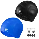 Alepo 2 Pack Unisex Badekappen Damen Herren mit 3D-Ohrenschutz, Schwimmkappe Langlebige Flexible Silikon Bademütze Kinder Erwachsene für kurzes/langes Haar mit Ohrstöpseln Nasenclip(Schwarz&Blau)