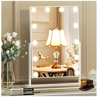 FENCHILIN Hollywood Spiegel Schminkspiegel mit Beleuchtung 12 dimmbare LED Lampen 360° Drehbar Kosmetikspiegel mit 3 Lichtfarben 10x Vergrößerung Touch-Steurung Weiß 30x41 cm