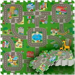 tectake® Puzzlematte, 9-teilig, mit Stadt- und Straßenmotiv, rutschfest, geräuschdämpfend und pflegeleicht, 90,5 x 90,5 cm