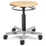 Prova Nova GmbH Werkstatt-, Roll- und Drehhocker 3541, abgedeckte Gasfedersäule, Sitzhöhe ca. 42-62 cm, Ringauslösung, Holz-Rundsitz, Rollen