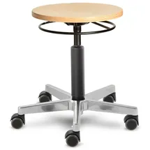 Prova Nova GmbH Werkstatt-, Roll- und Drehhocker 3541, abgedeckte Gasfedersäule, Sitzhöhe ca. 42-62 cm, Ringauslösung, Holz-Rundsitz, Rollen