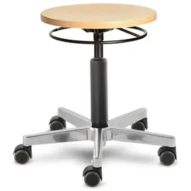 Prova Nova GmbH Werkstatt-, Roll- und Drehhocker 3541, abgedeckte Gasfedersäule, Sitzhöhe ca. 42-62 cm, Ringauslösung, Holz-Rundsitz, Rollen