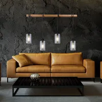 ETC Shop Pendelleuchte Holz Esszimmerlampe Hängeleuchte Holzpendellampe Hängelampe Esstisch, Glas rauch, 4x E27, Lxh 98x130 cm, Wohnzimmer