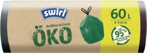 Swirl® Öko Müllbeutel Reißfest, 60 Liter, Reißfeste Abfallbeutel aus 95% Recyclingmaterial, 1 Karton = 9 Rollen à 8 Beutel