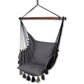 HOBEA-Germany Hängesessel, Vintage Hängestuhl Boho-Look, Hängeschaukel Fransen Uni Deluxe, Farbe:grau mit Quasten