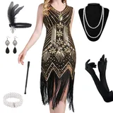 AONAT 1920er Jahre V-Ausschnitt Pailletten Perlen Fransen Kleid,8 Stück Damen Flapper Kleider voller Pailletten Retro,Kostüm mit Zubehör der 20er Jahre für Maskerade Karneval