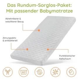 Kids Collective Babybett Kinderbett Gitterbett 60x120 und 70x140 cm mit Matratze höhenverstellbarer Lattenrost & herausnehmbare Sprossen stabiles ... | weiß