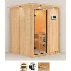 Sauna KARIBU "Milaja", beige (naturbelassen), Saunaofen, externe Steuerung, 3,6 kW, Saunen, 3,6-kW-Plug & Play Ofen mit externer Steuerung