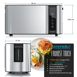 Arendo Toaster für 4 Scheiben Langschlitz 1500 W, Brötchenaufsatz, Wärmeisoliert, Display, Touch, Silber