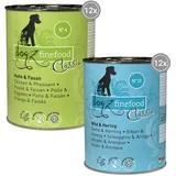 dogz finefood Hundefutter nass - Feinkost Nassfutter für Hunde in der Dose im Mix-Paket - ohne Zucker & Getreide, in den Sorten Huhn & Fasan, Wild & Hering (24 x 400 g Dosen)