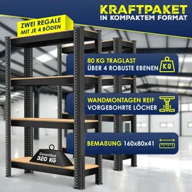 Masko Lagerregal 2er-Set Metall 80 cm x 160 cm x 40 cm schwarz