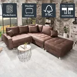 Riess-Ambiente Moderne Wohnlandschaft KENT 220cm braun Federkern inkl. Hocker und Kissen Sofa Couch Ottomane beidseitig aufbaubar
