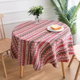 DINGC Tischdecke Rund Baumwolle und Leinen mit Rotes Dreiecks Muster 150cm, Tischtücher Runde Abwaschbare Staubdicht Tablecloth Round, Tischdecken für Esstisch Wohnzimmer Picknick
