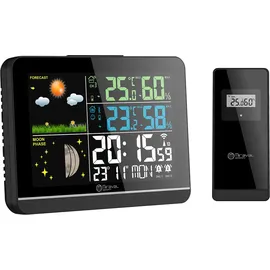 Miraval Funk-Wetterstation mit Farbdisplay Außensensor Schimmelwarner Hygrometer Barometer Datumsanzeige Mondphase Schwarz Frostalarm Wecker
