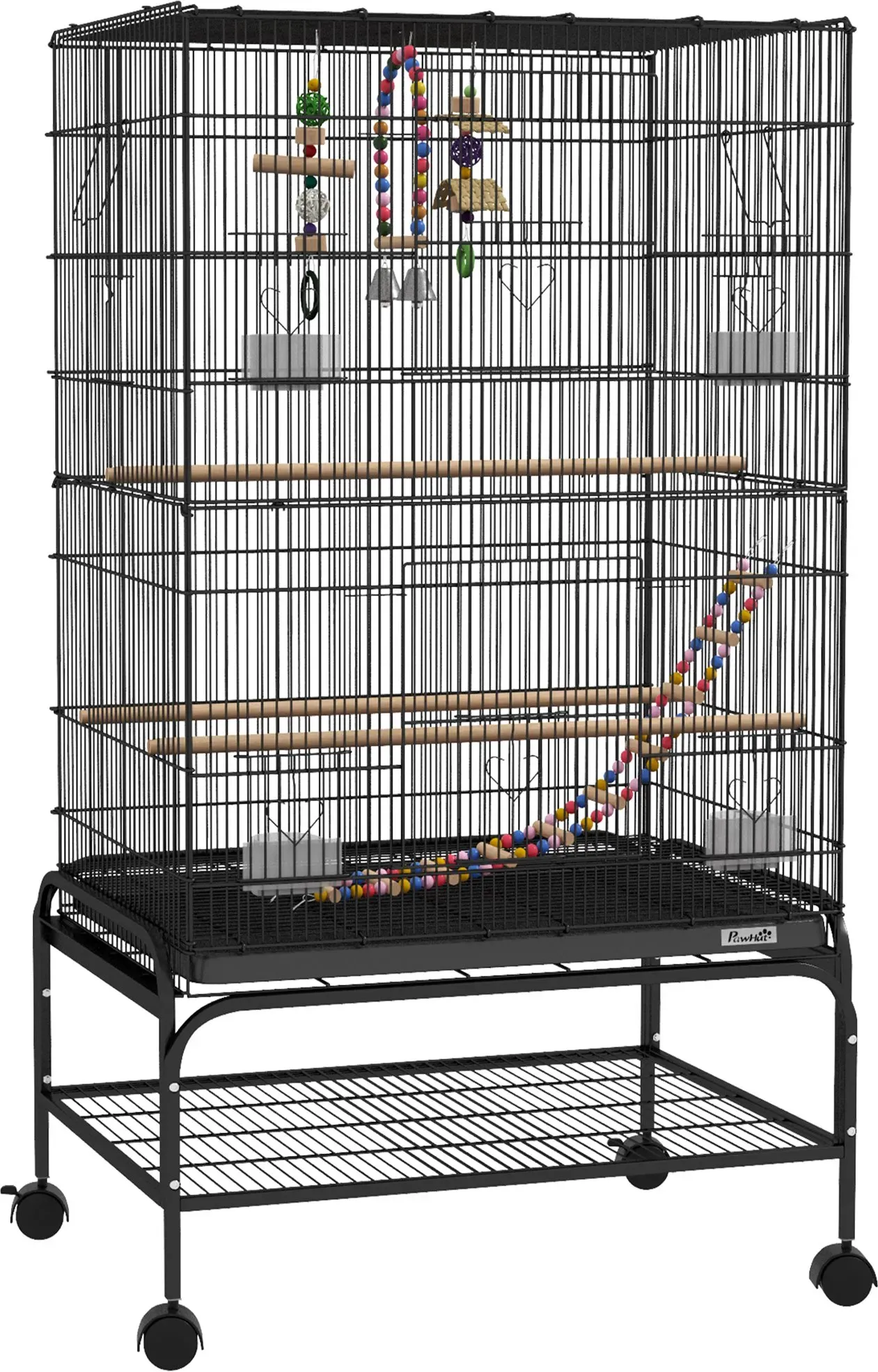 PawHut Vogelkäfig 110 cm, Voliere für Wellensittiche, Nymphensittiche, Kanarien, Unzertrennliche, Finken mit Rollen, 4 Futterbehälter, Spielzeug, herausziehbares Tablett, Ablage, Schwarz   Aosom